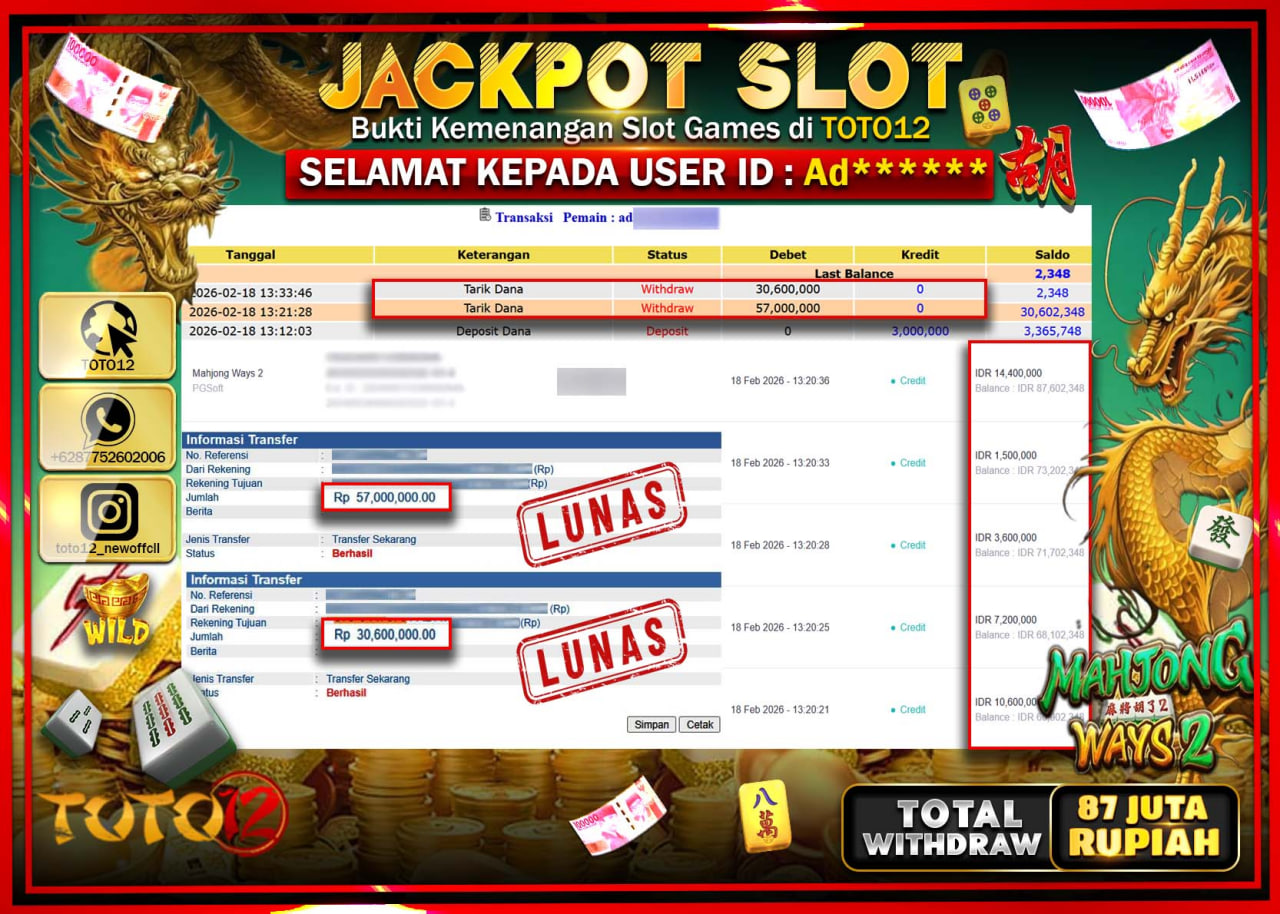 HANYA DI TOTO12 JP PASTI DI BAYAR LUNAS DAN CEPAT!!!!!! JACKPOT SLOT GAME (MAHJONG WAYS 2) Rp.87.600.000!!!!