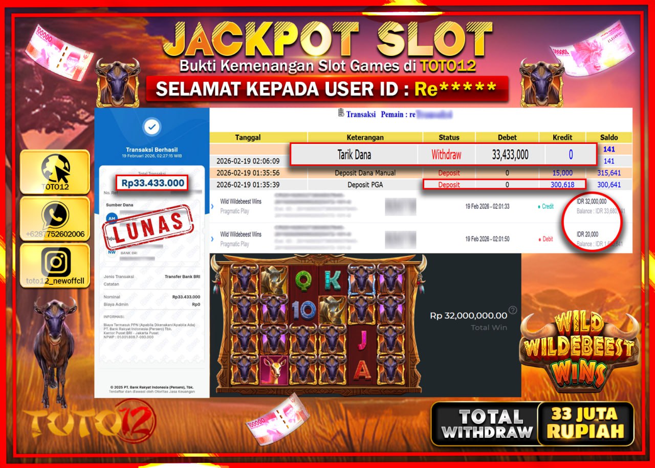HANYA DI TOTO12 JP PASTI DI BAYAR LUNAS DAN CEPAT!!!!!! JACKPOT SLOT GAME (WILD WILDEBEEST WINS) Rp.33.433.000!!!!