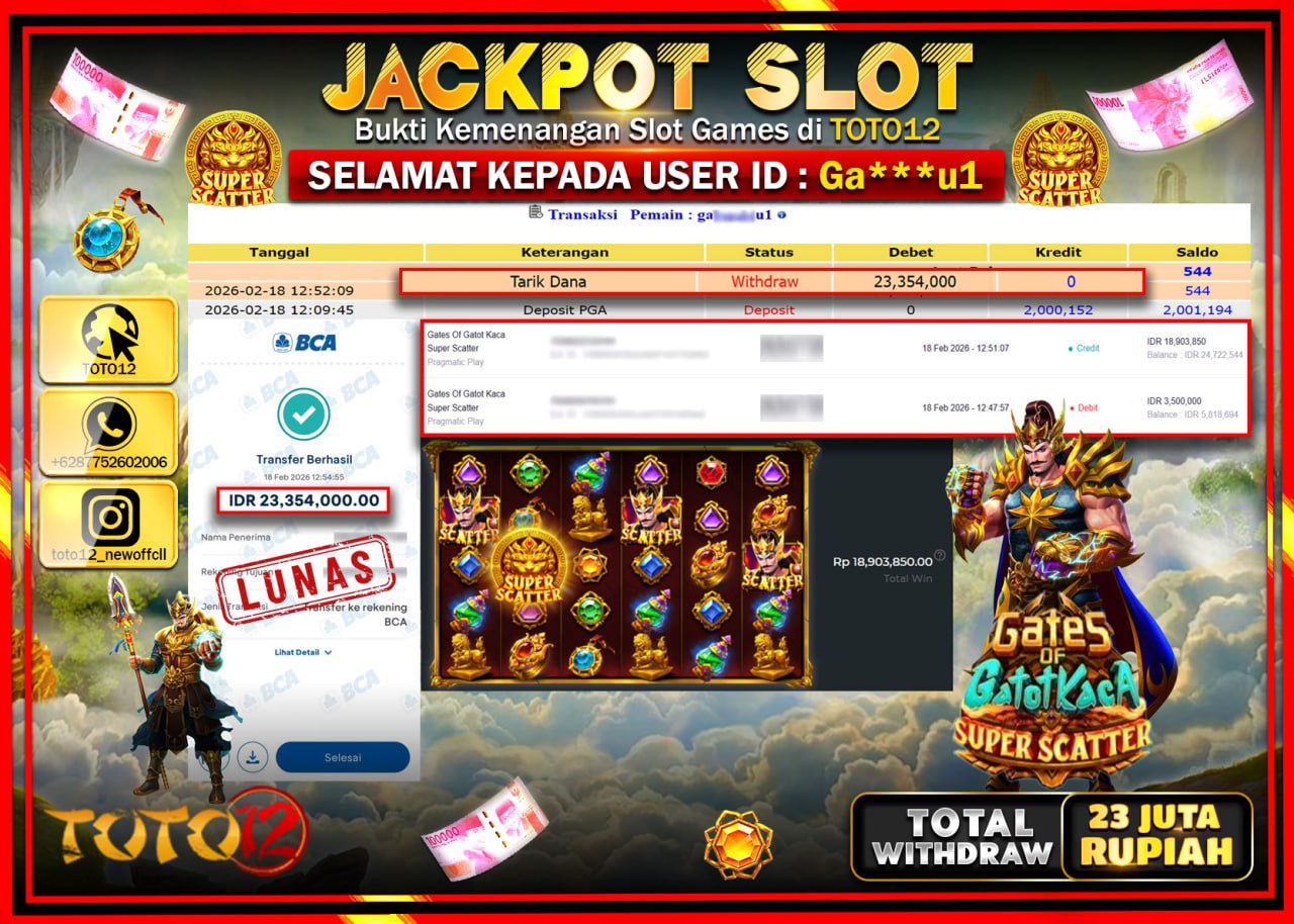 HANYA DI TOTO12 JP PASTI DI BAYAR LUNAS DAN CEPAT!!!!!! JACKPOT SLOT GAME (GATES OF GATOT KACA SUPER SCATTER) Rp.23.000.000!!!!