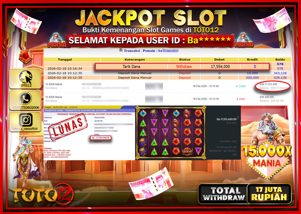 HANYA DI TOTO12 JP PASTI DI BAYAR LUNAS DAN CEPAT!!!!!! JACKPOT SLOT GAME (15.000X MANIA) Rp.17.554.000!!!!