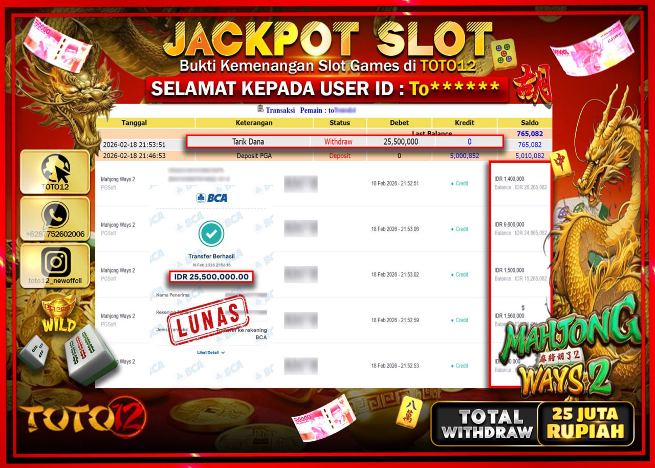 HANYA DI TOTO12 JP PASTI DI BAYAR LUNAS DAN CEPAT!!!!!! JACKPOT SLOT GAME (MAHJONG WAYS 2) Rp.25.500.000!!!!