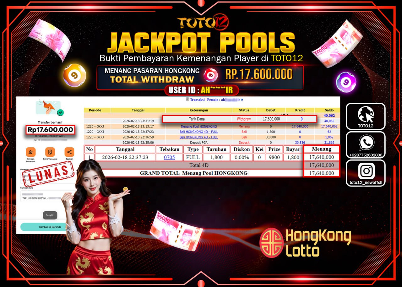 HANYA DI TOTO12 JP PASTI DI BAYAR LUNAS DAN CEPAT!!!!!! JACKPOT POOLS PASARAN (HONGKONG) Rp.17.600.000!!!!