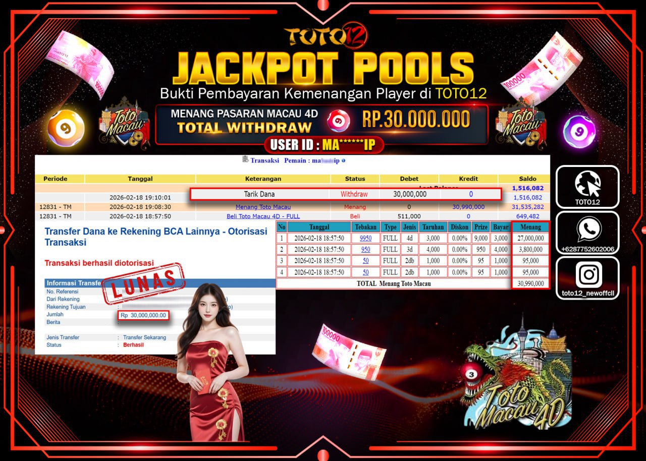 HANYA DI TOTO12 JP PASTI DI BAYAR LUNAS DAN CEPAT!!!!!! JACKPOT POOLS PASARAN (MACAU4D) Rp.30.000.000!!!!