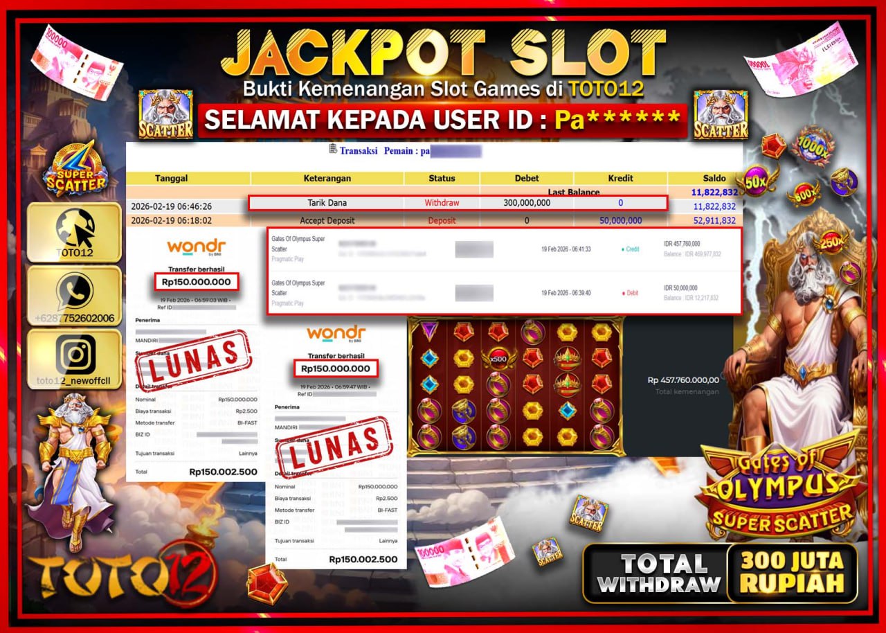 HANYA DI TOTO12 JP PASTI DI BAYAR LUNAS DAN CEPAT!!!!!! JACKPOT SLOT GAME (GATES OF OLYMPUS SUPER SCATEER) Rp.300.000.000!!!!