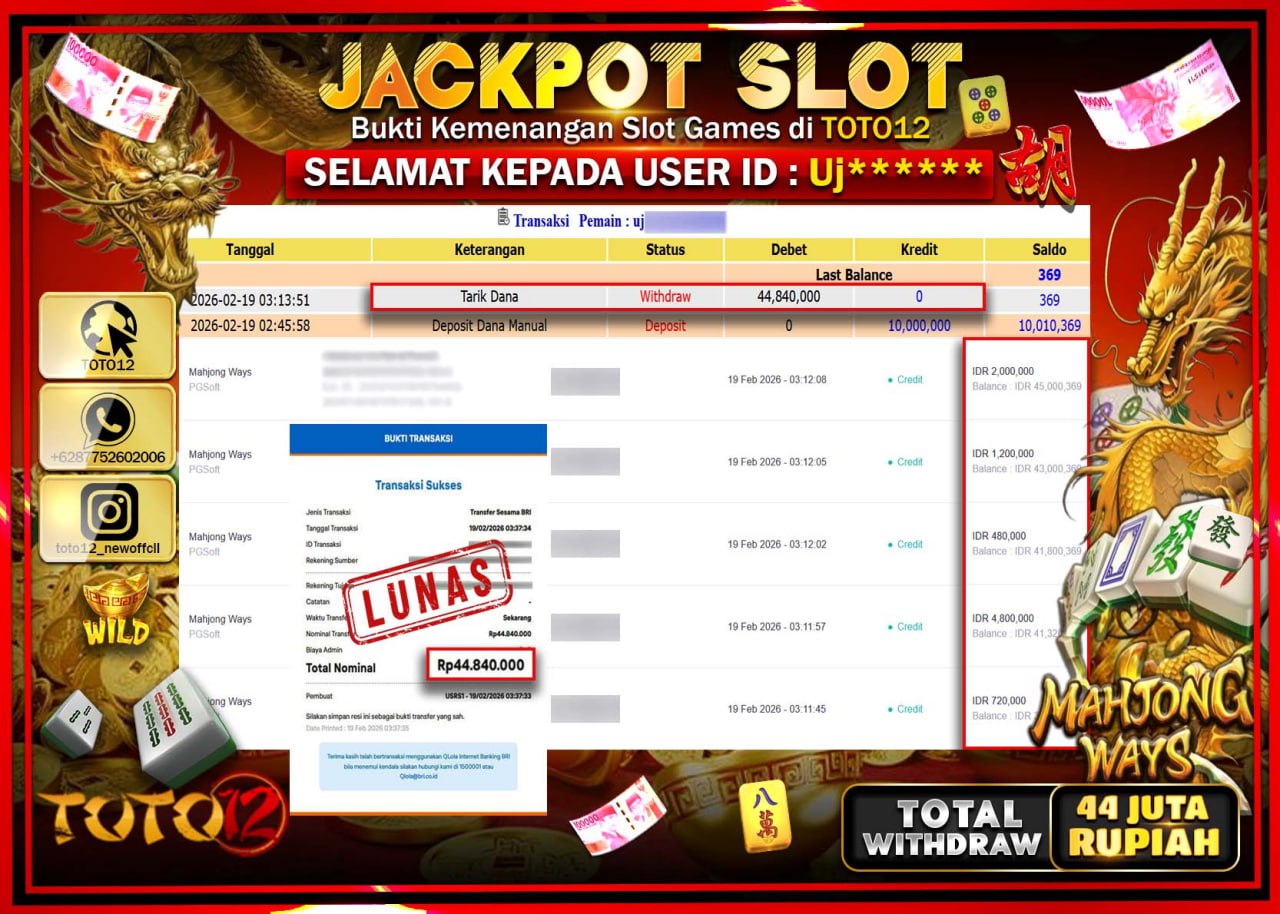 HANYA DI TOTO12 JP PASTI DI BAYAR LUNAS DAN CEPAT!!!!!! JACKPOT SLOT GAME (MAHJONG WAYS) Rp.44.840.000!!!!