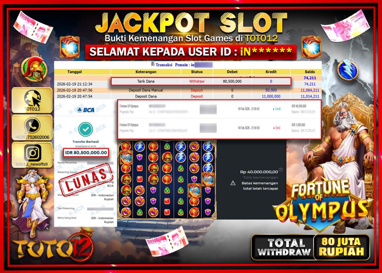 HANYA DI TOTO12 JP PASTI DI BAYAR LUNAS DAN CEPAT!!!!!! JACKPOT SLOT GAME (FORTUNE OF OLYMPUS) Rp.80.500.000!!!!