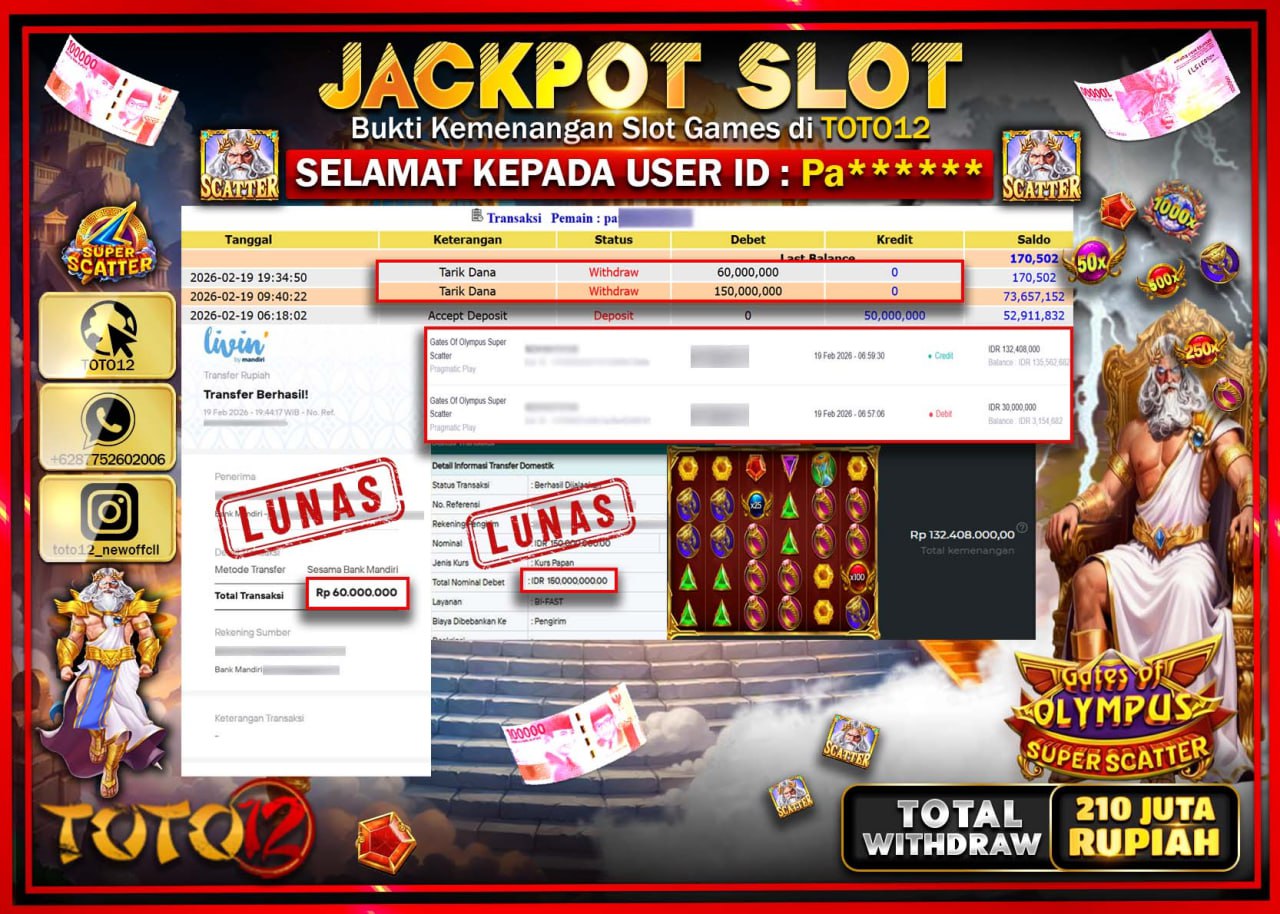 HANYA DI TOTO12 JP PASTI DI BAYAR LUNAS DAN CEPAT!!!!!! JACKPOT SLOT GAME (GATES OF OLYMPUS SUPER SCATTER) Rp.210.000.000!!!!