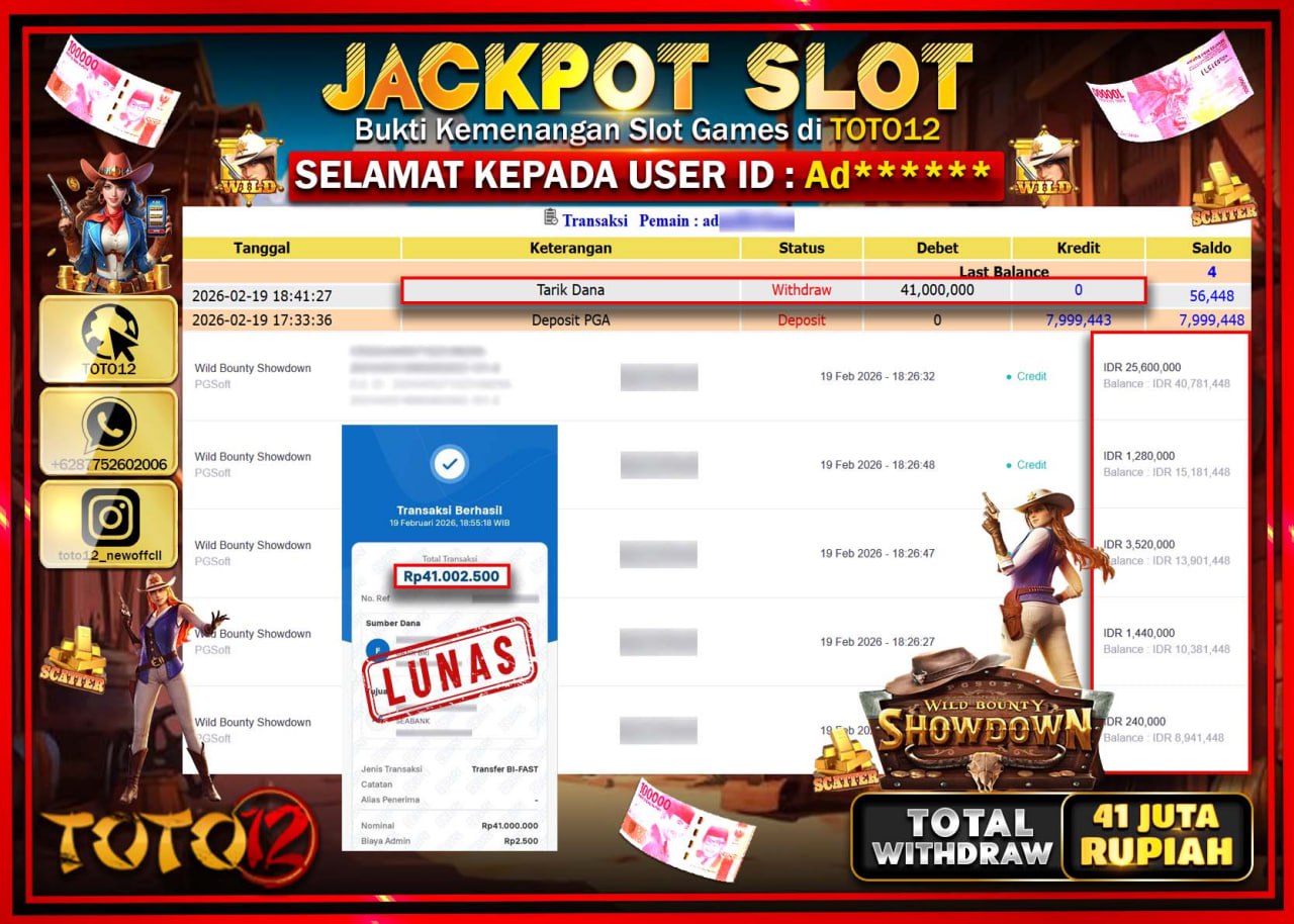 HANYA DI TOTO12 JP PASTI DI BAYAR LUNAS DAN CEPAT!!!!!! JACKPOT SLOT GAME (WILD BOUNTY SHOWDOWN) Rp.41.000.000!!!!