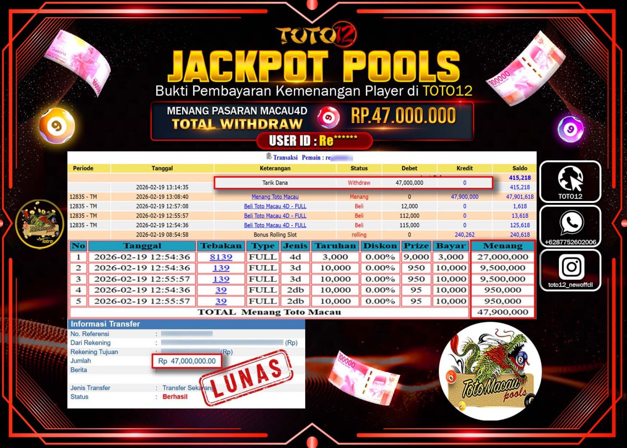 HANYA DI TOTO12 JP PASTI DI BAYAR LUNAS DAN CEPAT!!!!!! JACKPOT POOLS PASARAN (TOTOMACAU 4D) Rp.47.000.000!!!!