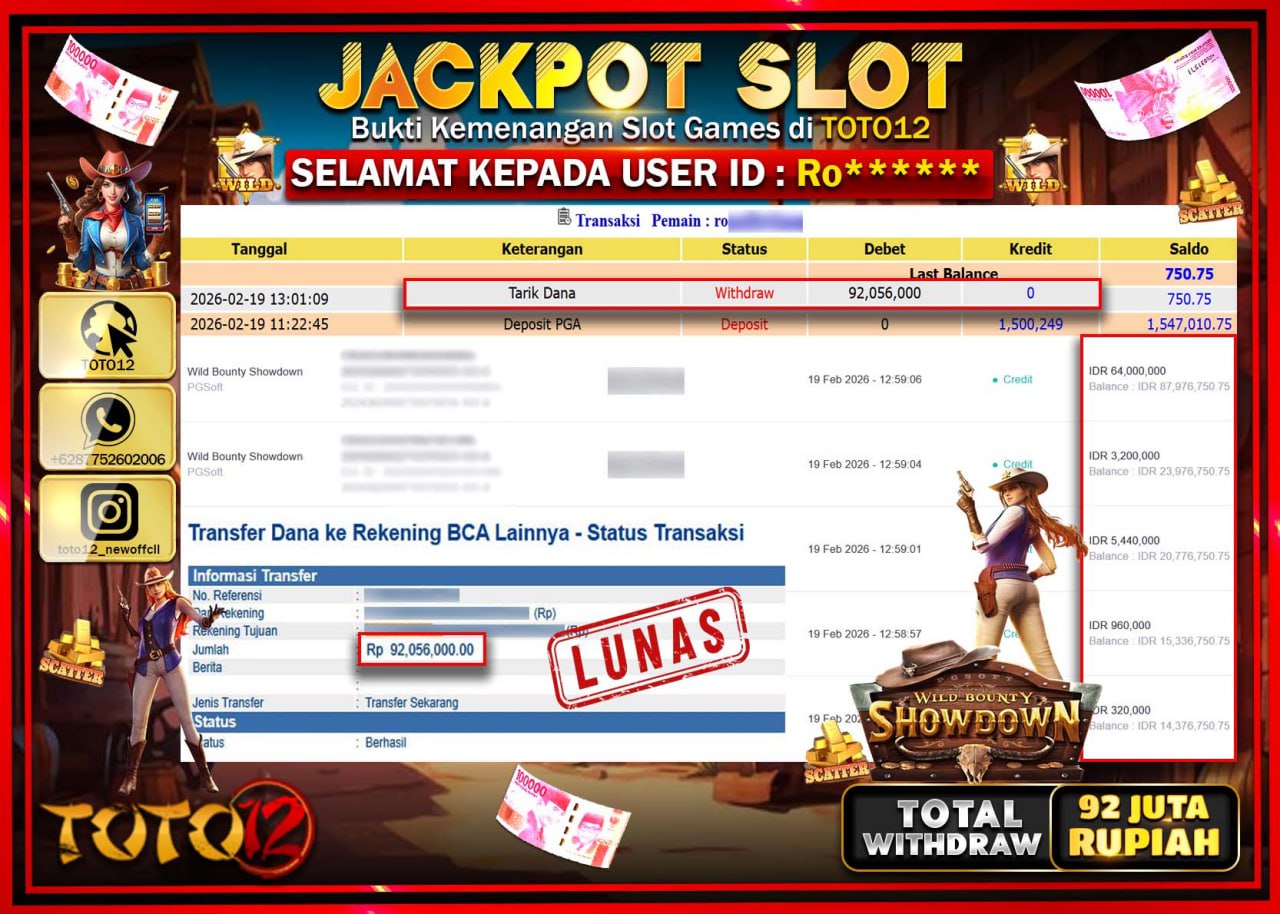 HANYA DI TOTO12 JP PASTI DI BAYAR LUNAS DAN CEPAT!!!!!! JACKPOT SLOT GAME (WILD BOUNTY SHOWDOWN) Rp.92.056.000!!!!