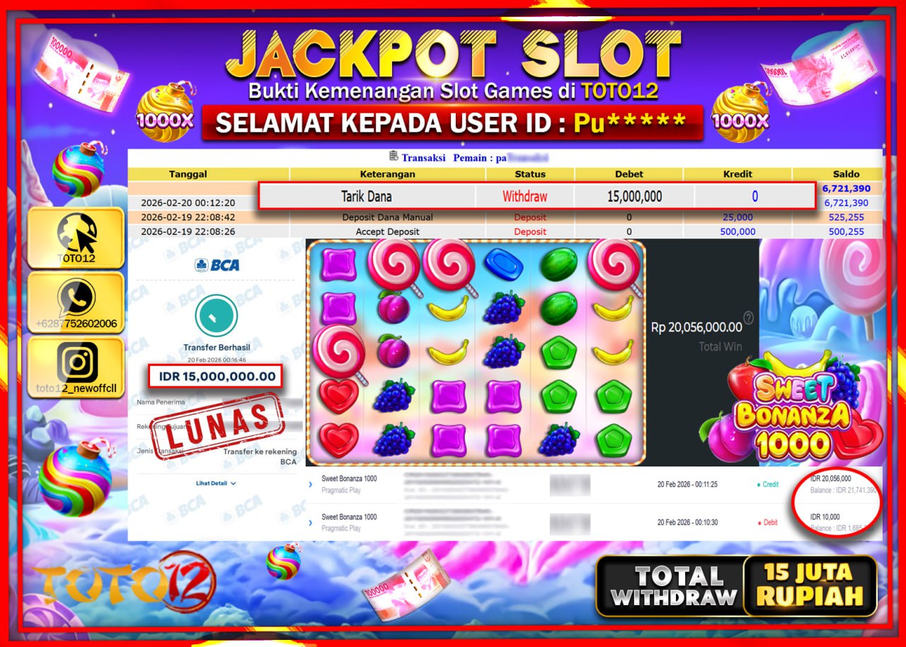 HANYA DI TOTO12 JP PASTI DI BAYAR LUNAS DAN CEPAT!!!!!! JACKPOT SLOT GAME (SWEET BONANZA 1000) Rp.15.000.000!!!!