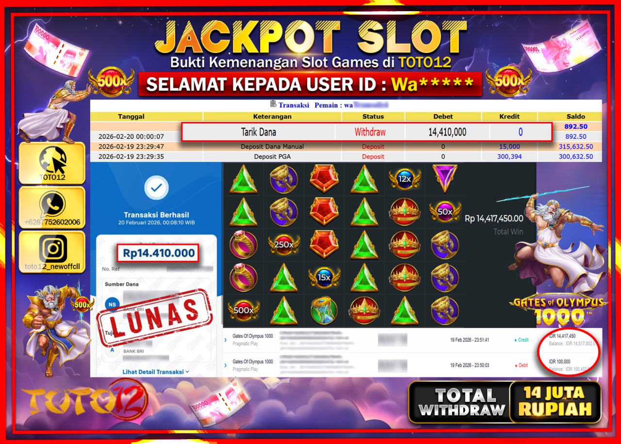 HANYA DI TOTO12 JP PASTI DI BAYAR LUNAS DAN CEPAT!!!!!! JACKPOT SLOT GAME (GATES OF OLYMPUS 1000) Rp.14.410.000.!!!!