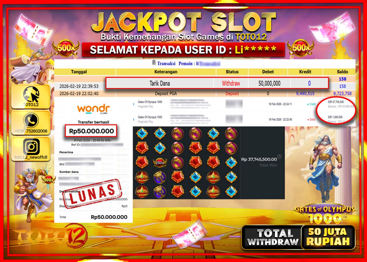 HANYA DI TOTO12 JP PASTI DI BAYAR LUNAS DAN CEPAT!!!!!! JACKPOT SLOT GAME (GATE OF OLYMPUS 1000) Rp.50.000.000!!!!