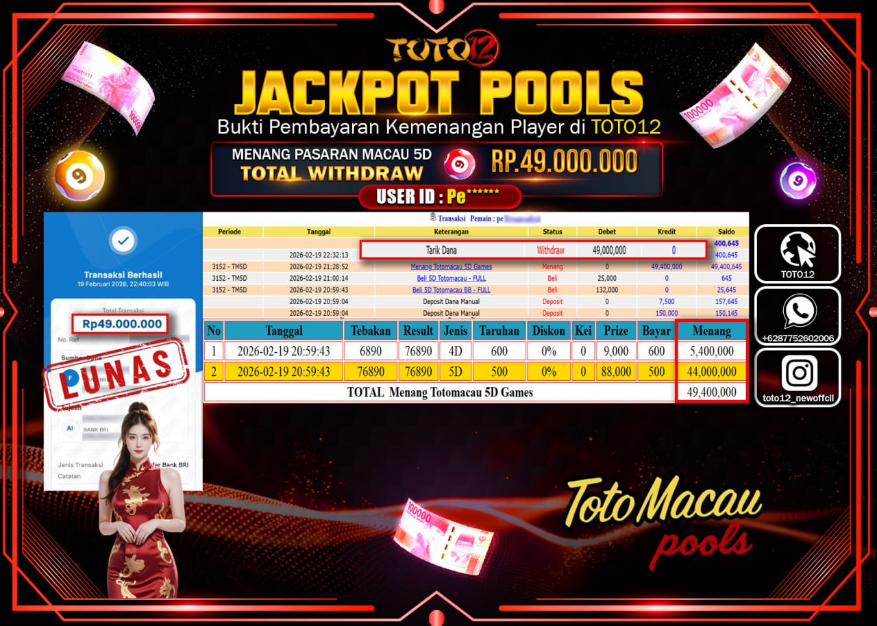 HANYA DI TOTO12 JP PASTI DI BAYAR LUNAS DAN CEPAT!!!!!! JACKPOT POOLS PASARAN (TOTOMACAU 5D) Rp.49.000.000!!!!