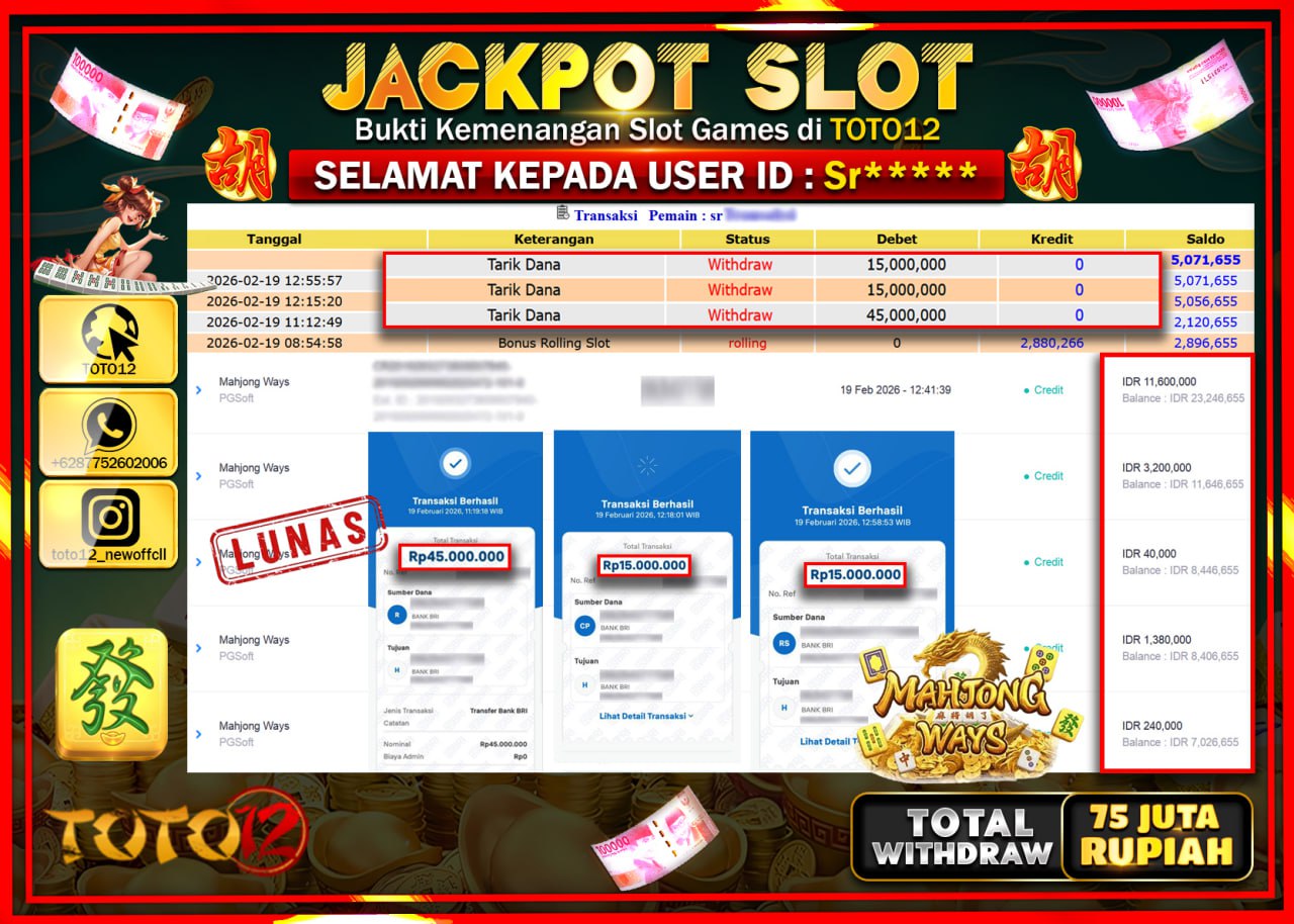 HANYA DI TOTO12 JP PASTI DI BAYAR LUNAS DAN CEPAT!!!!!! JACKPOT SLOT GAME (MAHJONG WAYS) Rp.75.000.000!!!!