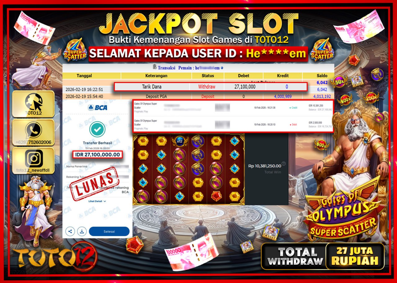 HANYA DI TOTO12 JP PASTI DI BAYAR LUNAS DAN CEPAT!!!!!! JACKPOT SLOT GAME (GATES OF OLYMPUS SUPER SCATTER) Rp.27.100.000.!!!!