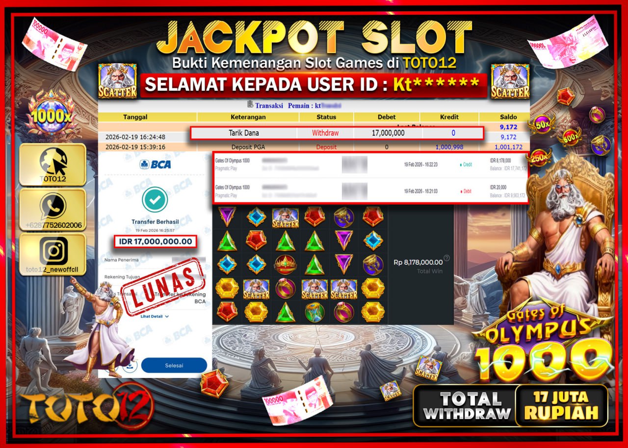 HANYA DI TOTO12 JP PASTI DI BAYAR LUNAS DAN CEPAT!!!!!! JACKPOT SLOT GAME (GATES OF OLYMPUS 1000) Rp..17.000.000!!!!