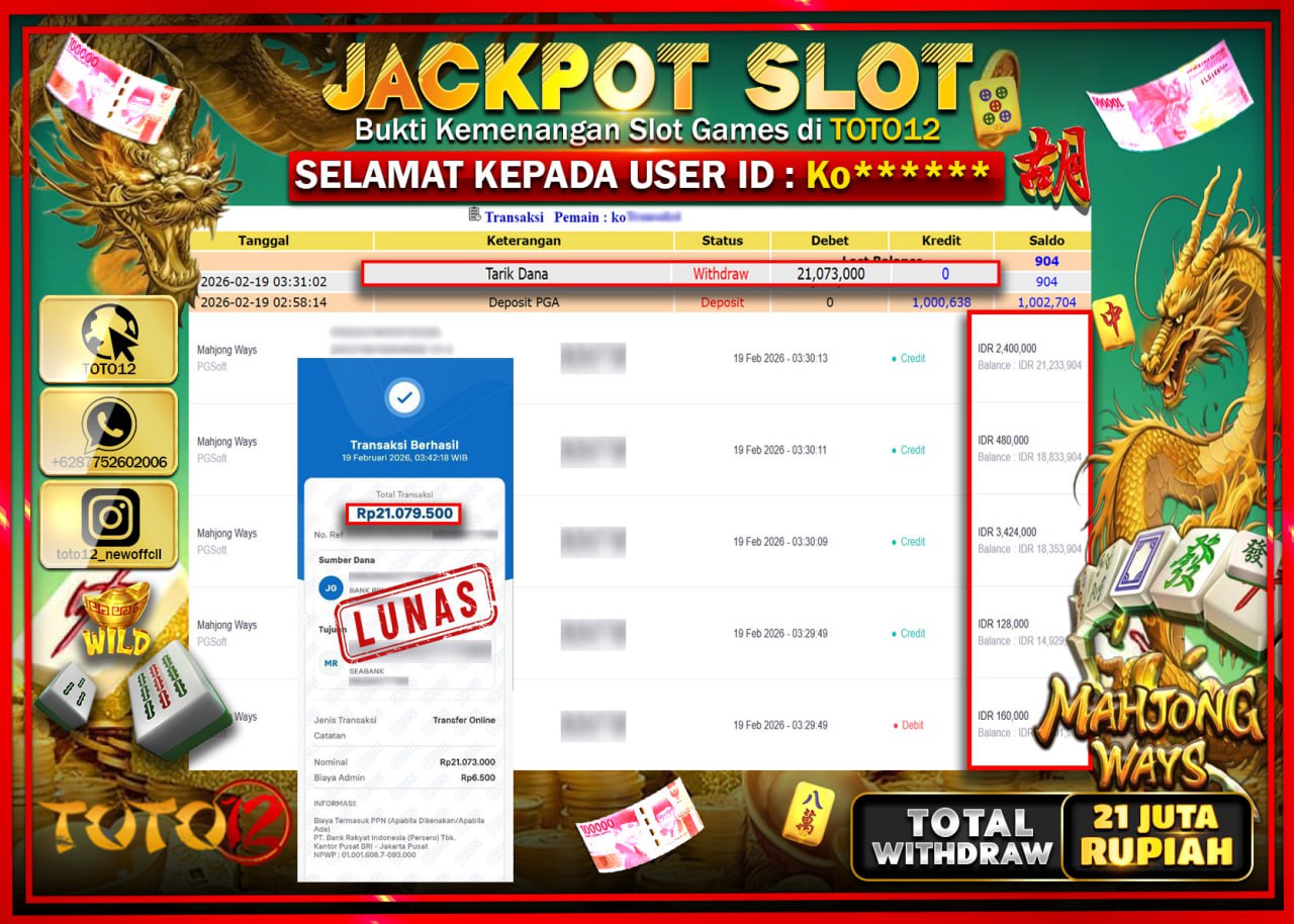 HANYA DI TOTO12 JP PASTI DI BAYAR LUNAS DAN CEPAT!!!!!! JACKPOT SLOT GAME (MAHJONG WAYS) Rp.21.073.000!!!!