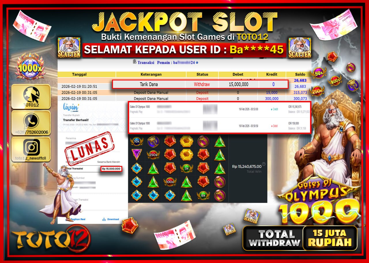 HANYA DI TOTO12 JP PASTI DI BAYAR LUNAS DAN CEPAT!!!!!! JACKPOT SLOT GAME (GATES OF OLYMPUS 1000) Rp.15.000.000!!!!