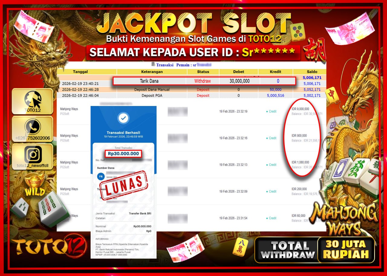 HANYA DI TOTO12 JP PASTI DI BAYAR LUNAS DAN CEPAT!!!!!! JACKPOT SLOT GAME (MAHJONG WAYS) Rp.30.000.000!!!!
