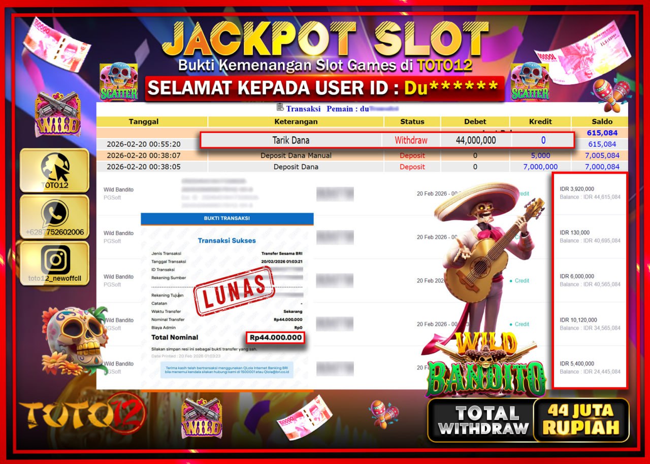 HANYA DI TOTO12 JP PASTI DI BAYAR LUNAS DAN CEPAT!!!!!! JACKPOT SLOT GAME (WILD BANDITO) Rp.44.000.000!!!!