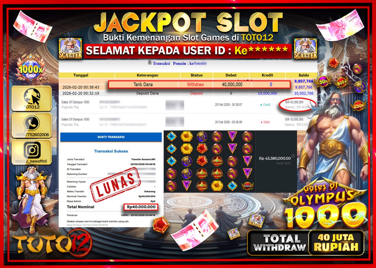 HANYA DI TOTO12 JP PASTI DI BAYAR LUNAS DAN CEPAT!!!!!! JACKPOT SLOT GAME (GATE OF OLYMPUS 1000) Rp.40.000.000!!!!