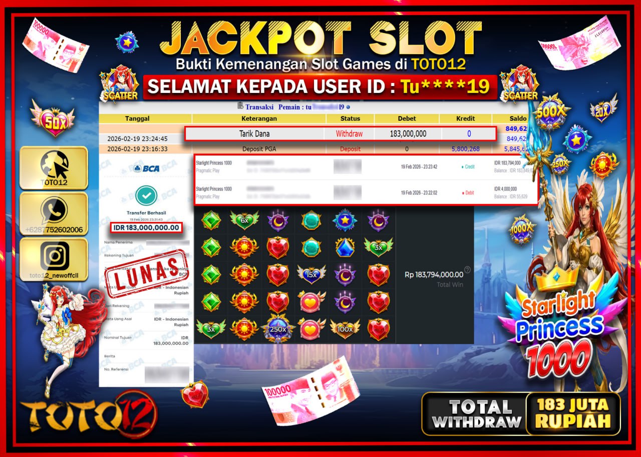 HANYA DI TOTO12 JP PASTI DI BAYAR LUNAS DAN CEPAT!!!!!! JACKPOT SLOT GAME (STARLIGHT PRINCESS 1000) Rp.183.000.000!!!!