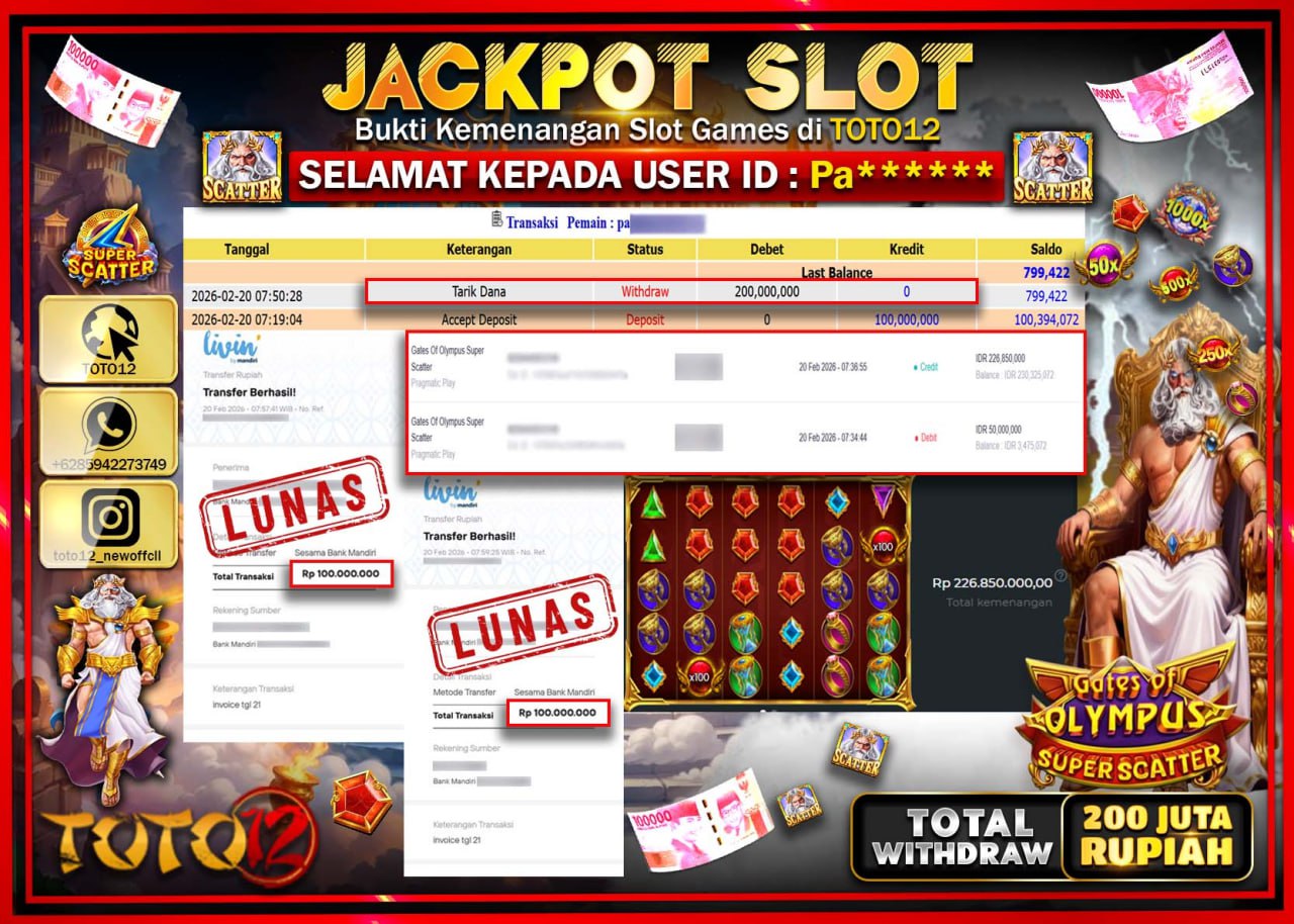 HANYA DI TOTO12 JP PASTI DI BAYAR LUNAS DAN CEPAT!!!!!! JACKPOT SLOT GAME (GATES OF OLYMPUS SUPER SCATTER) Rp.200.000.000!!!!
