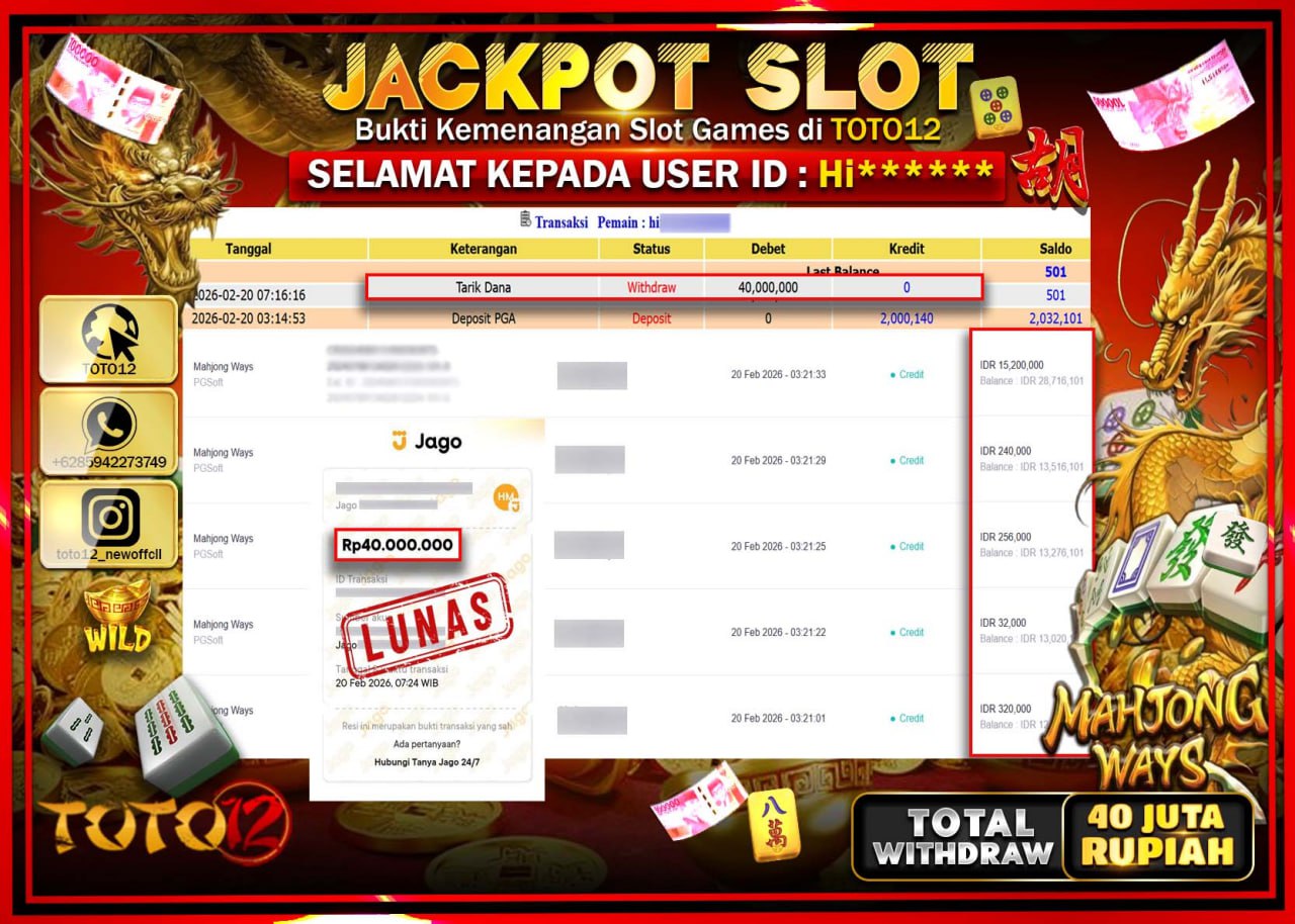 HANYA DI TOTO12 JP PASTI DI BAYAR LUNAS DAN CEPAT!!!!!! JACKPOT SLOT GAME (MAHJONG WAYS) Rp.40.000.000!!!!