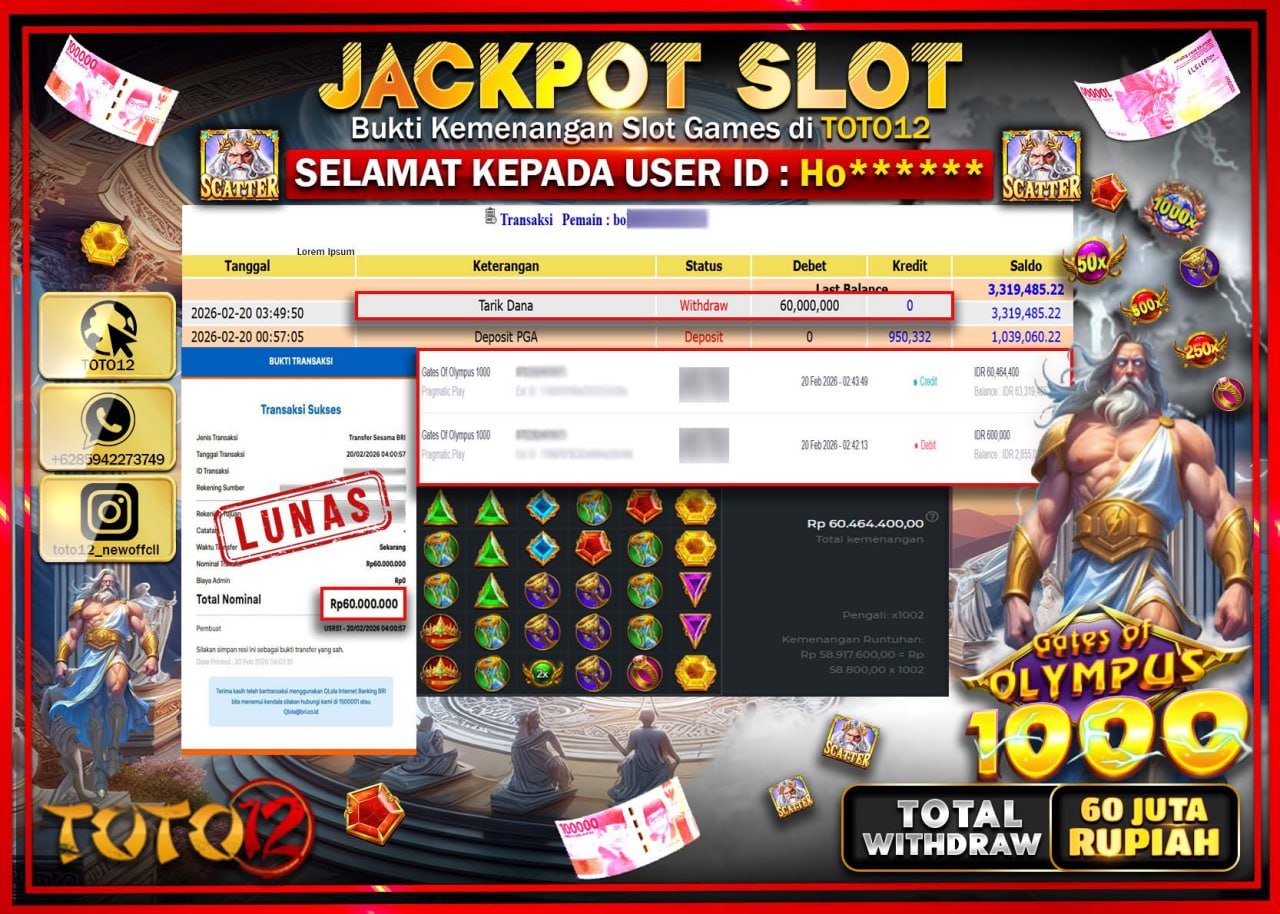 HANYA DI TOTO12 JP PASTI DI BAYAR LUNAS DAN CEPAT!!!!!! JACKPOT SLOT GAME (GATES OF OLYMPUS 1000) Rp.60.000.000!!!!