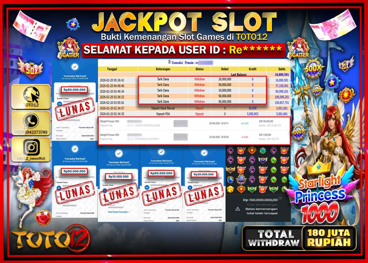 HANYA DI TOTO12 JP PASTI DI BAYAR LUNAS DAN CEPAT!!!!!! JACKPOT SLOT GAME (STARLIGHT PRINCES 1000) Rp.180.000.000!!!!