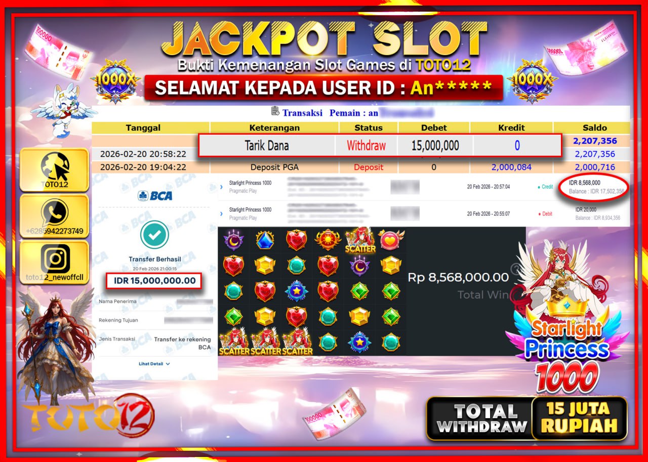 HANYA DI TOTO12 JP PASTI DI BAYAR LUNAS DAN CEPAT!!!!!! JACKPOT SLOT GAME (STARLIGHT PRINCESS 1000) Rp.15.000.000!!!!