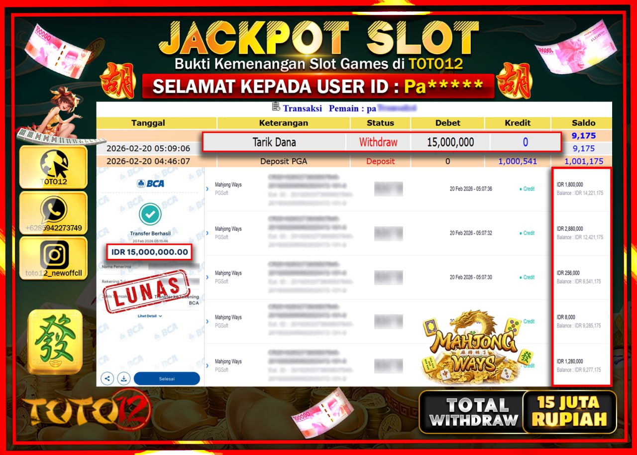 HANYA DI TOTO12 JP PASTI DI BAYAR LUNAS DAN CEPAT!!!!!! JACKPOT SLOT GAME (MAHJONG WAYS) Rp.15.000.000!!!!