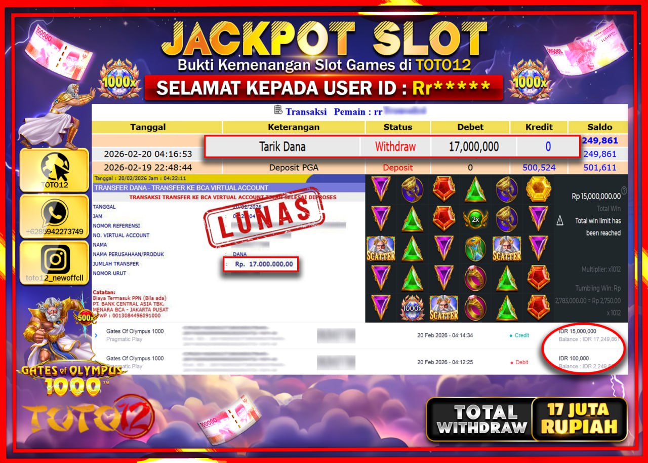 HANYA DI TOTO12 JP PASTI DI BAYAR LUNAS DAN CEPAT!!!!!! JACKPOT SLOT GAME (GATES OF OLYMPUS 1000) Rp.17.000.000!!!!