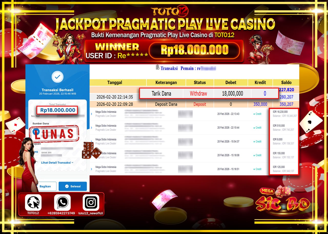 HANYA DI TOTO12 JP PASTI DI BAYAR LUNAS DAN CEPAT!!!!!! JACKPOT PRAGMATIC PLAY LIVE GAMES CASINO (MEGA SICBO INDONESIA) Rp.18.000.000!!!!
