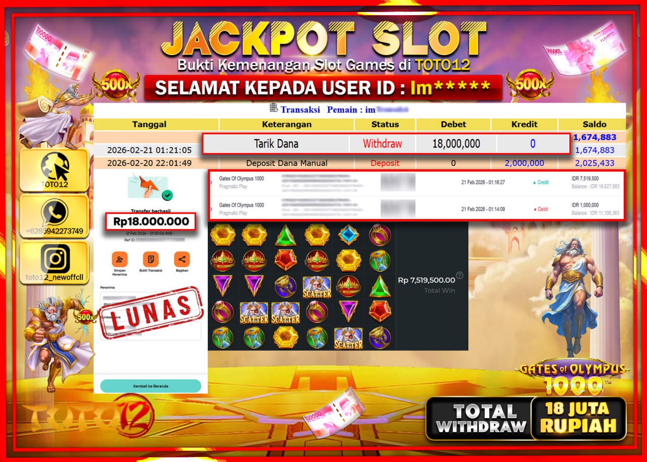 HANYA DI TOTO12 JP PASTI DI BAYAR LUNAS DAN CEPAT!!!!!! JACKPOT SLOT GAME (GATES OF OLYMPUS 1000) Rp.18.000.000!!!!