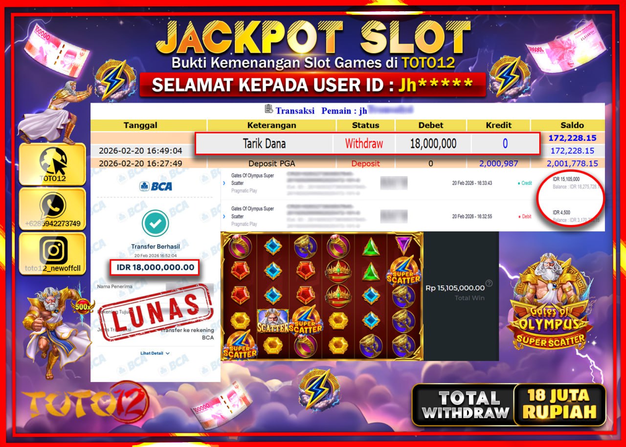 HANYA DI TOTO12 JP PASTI DI BAYAR LUNAS DAN CEPAT!!!!!! JACKPOT SLOT GAME (GATES OF OLYMPUS SUPER SCATTER) Rp.18.000.000!!!!