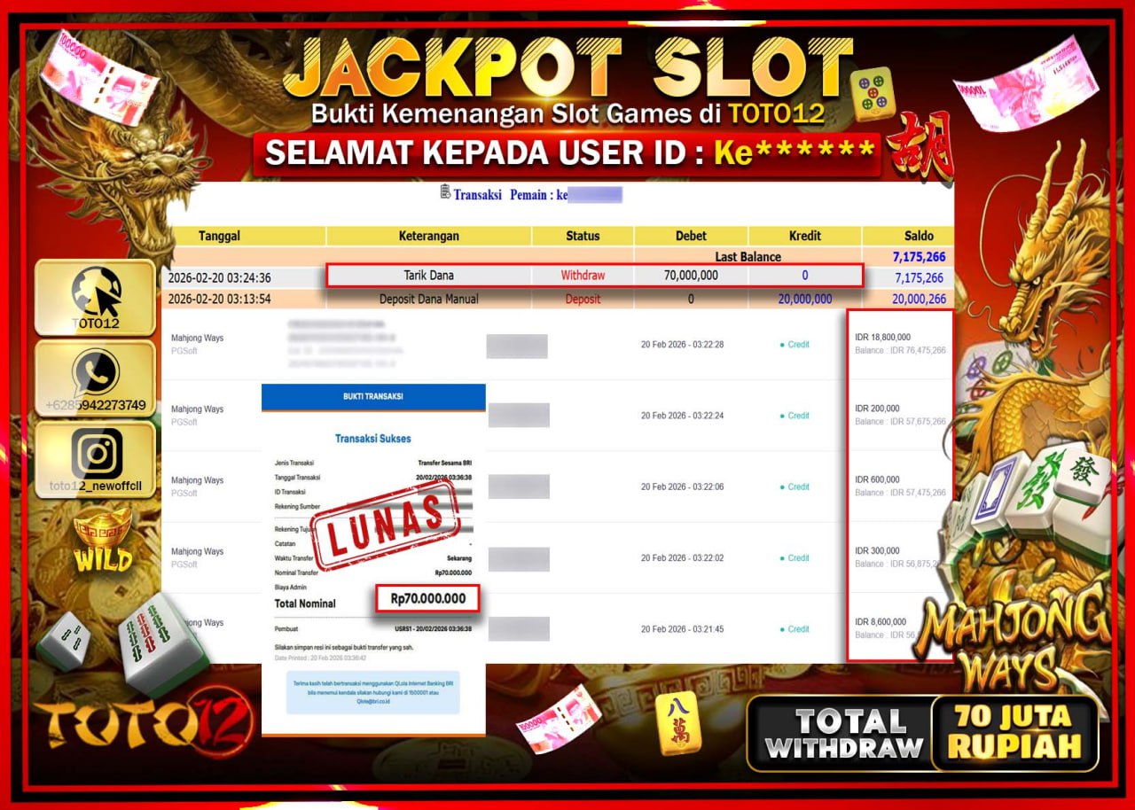 HANYA DI TOTO12 JP PASTI DI BAYAR LUNAS DAN CEPAT!!!!!! JACKPOT SLOT GAME (MAHJONG WAYS) Rp.70.000.000!!!!