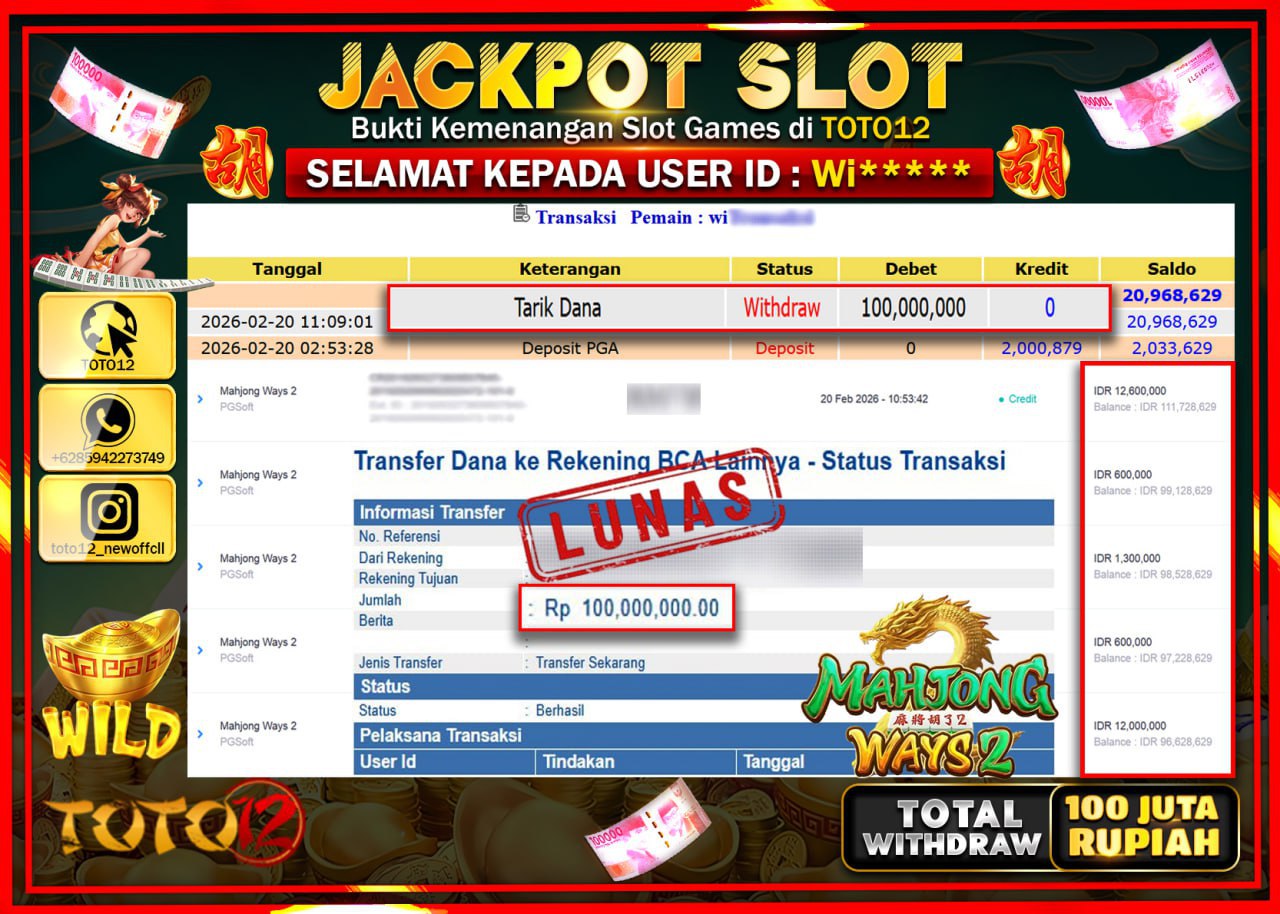 HANYA DI TOTO12 JP PASTI DI BAYAR LUNAS DAN CEPAT!!!!!! JACKPOT SLOT GAME (MAHJONG WAYS  2) Rp.100.000.000!!!!