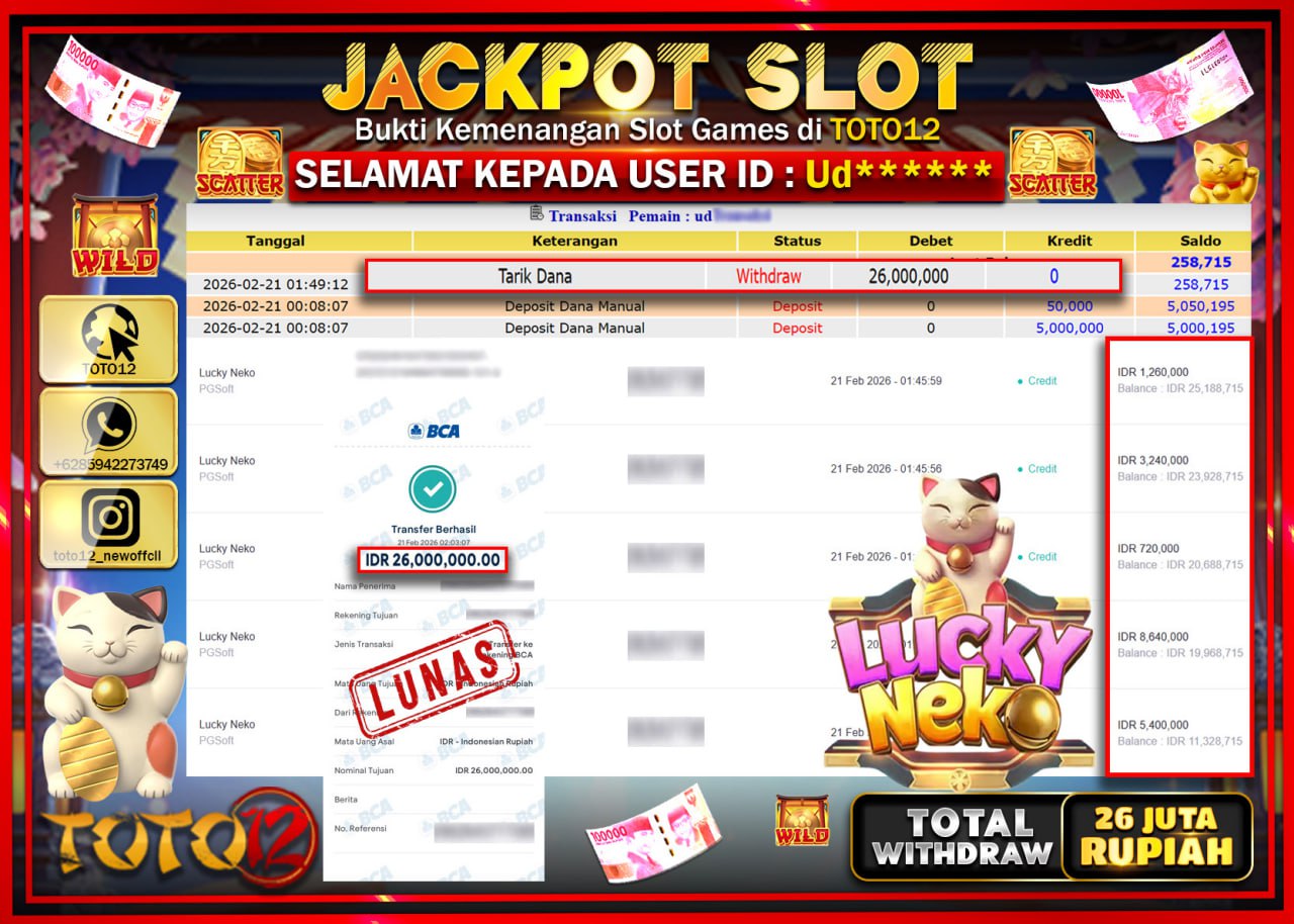 HANYA DI TOTO12 JP PASTI DI BAYAR LUNAS DAN CEPAT!!!!!! JACKPOT SLOT GAME (LUCKY NEKO) Rp.26.000.000!!!!