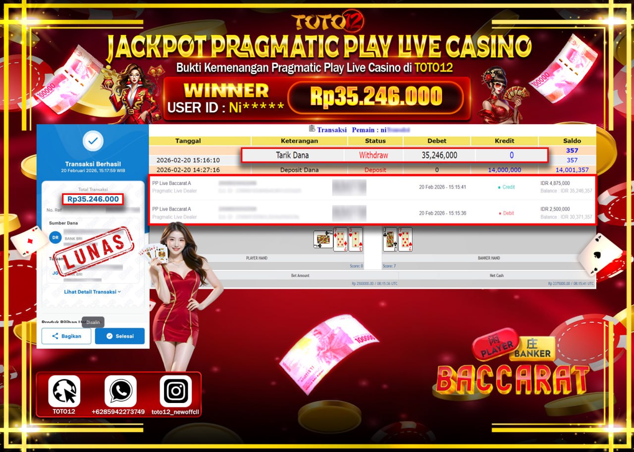 HANYA DI TOTO12 JP PASTI DI BAYAR LUNAS DAN CEPAT!!!!!! JACKPOT PRAGMATIC PLAY LIVE GAMES CASINO (PP LIVE BACCARAT A) Rp.35.246.000!!!!