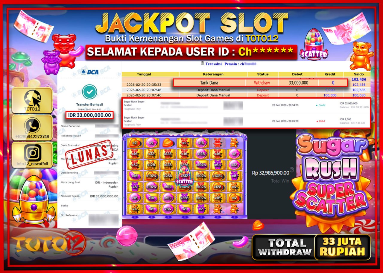 HANYA DI TOTO12 JP PASTI DI BAYAR LUNAS DAN CEPAT!!!!!! JACKPOT SLOT GAME (SUGAR RUSH SUPER SCATTER) Rp.33.000.000!!!!