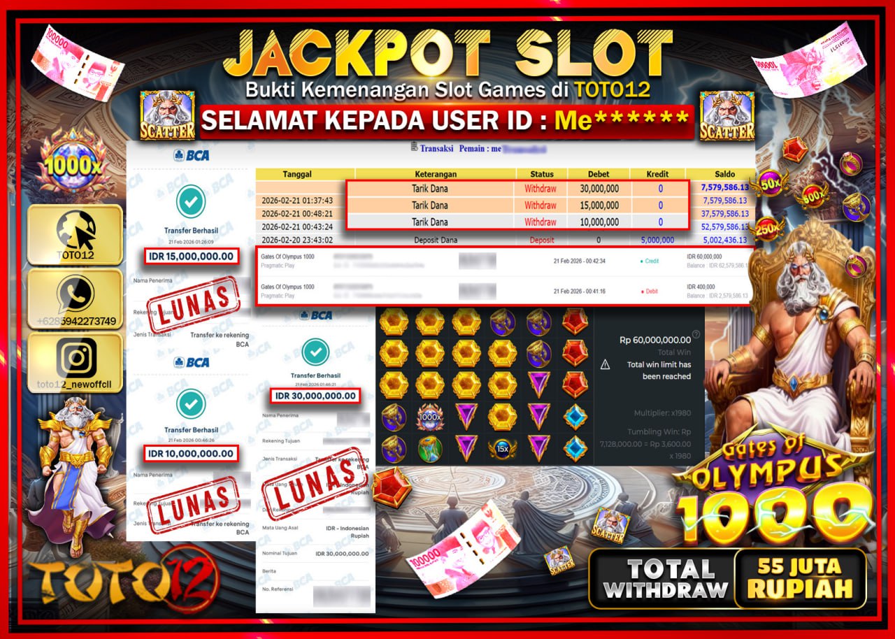 HANYA DI TOTO12 JP PASTI DI BAYAR LUNAS DAN CEPAT!!!!!! JACKPOT SLOT GAME (GATES OF OYMPUS 1000) Rp.55.000.000!!!!