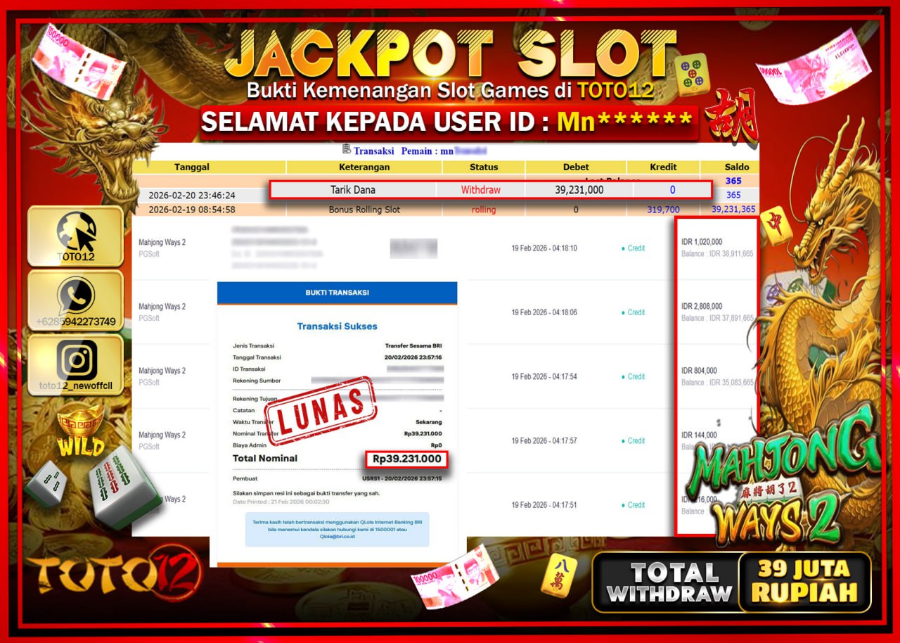 HANYA DI TOTO12 JP PASTI DI BAYAR LUNAS DAN CEPAT!!!!!! JACKPOT SLOT GAME (MAHJONG WAYS 2) Rp.39.231.000!!!!