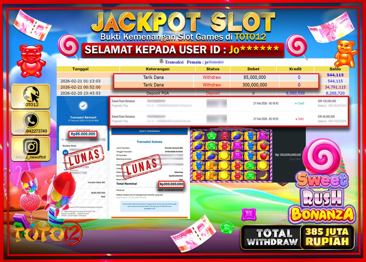 HANYA DI TOTO12 JP PASTI DI BAYAR LUNAS DAN CEPAT!!!!!! JACKPOT SLOT GAME (SWEET RUSH BONANZA) Rp.385.000.000!!!!