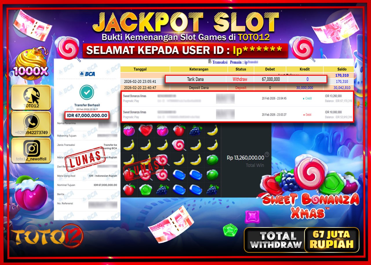 HANYA DI TOTO12 JP PASTI DI BAYAR LUNAS DAN CEPAT!!!!!! JACKPOT SLOT GAME (SWEET BONANZA XMAS) Rp.67.000.000!!!!