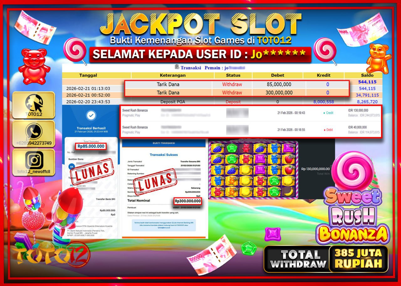 HANYA DI TOTO12 JP PASTI DI BAYAR LUNAS DAN CEPAT!!!!!! JACKPOT SLOT GAME (SWEET RUSH BONANZA) Rp.385.000.000!!!!