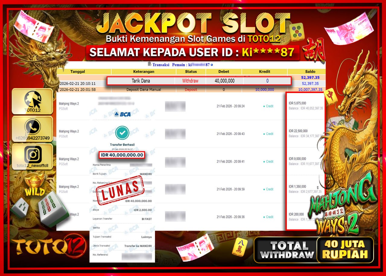 HANYA DI TOTO12 JP PASTI DI BAYAR LUNAS DAN CEPAT!!!!!! JACKPOT SLOT GAME (MAHJONG WAYS 2) Rp.40.000.000!!!!
