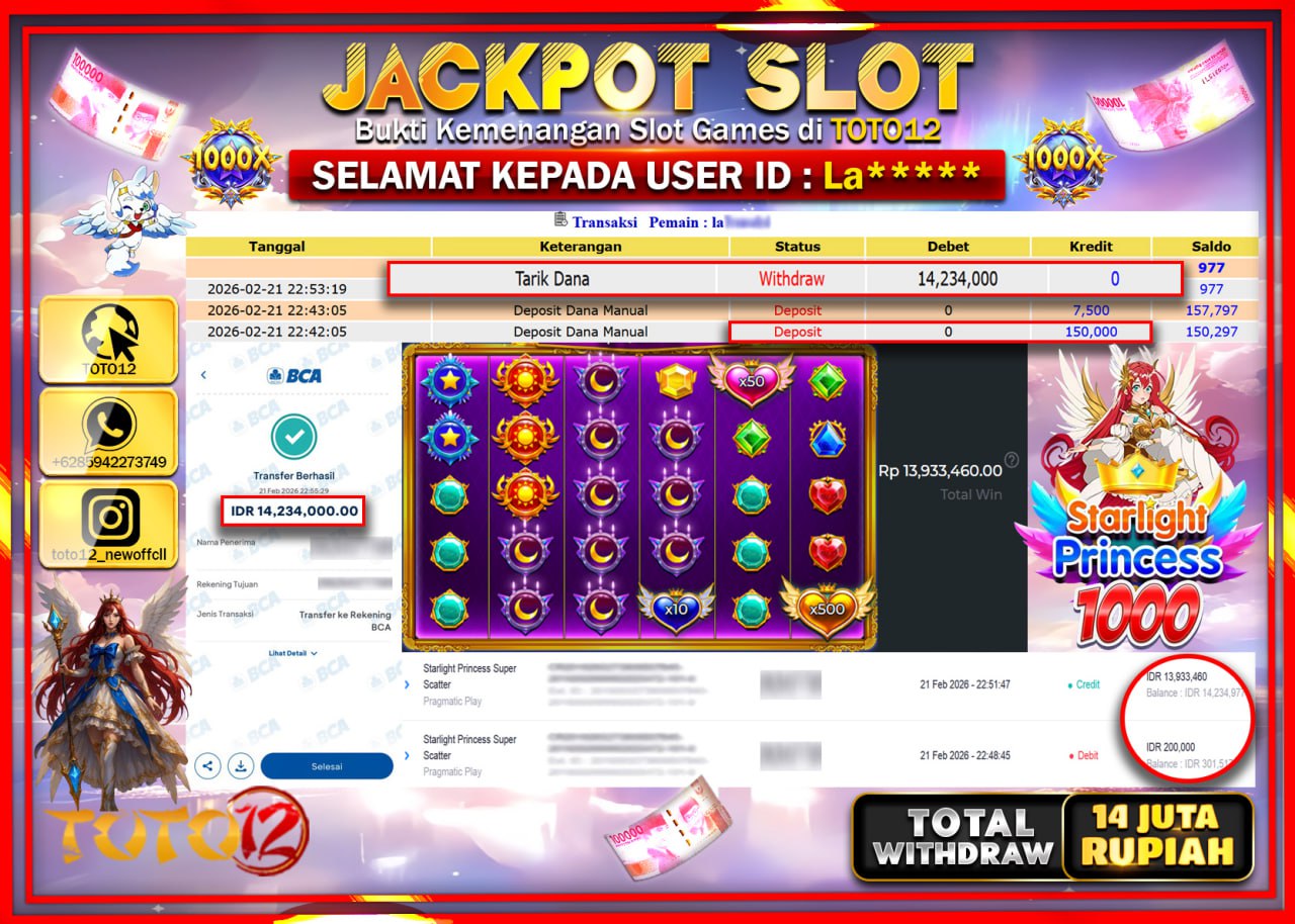 HANYA DI TOTO12 JP PASTI DI BAYAR LUNAS DAN CEPAT!!!!!! JACKPOT SLOT GAME (STARLIGHT PRINCESS 1000) Rp.14.234.000!!!!