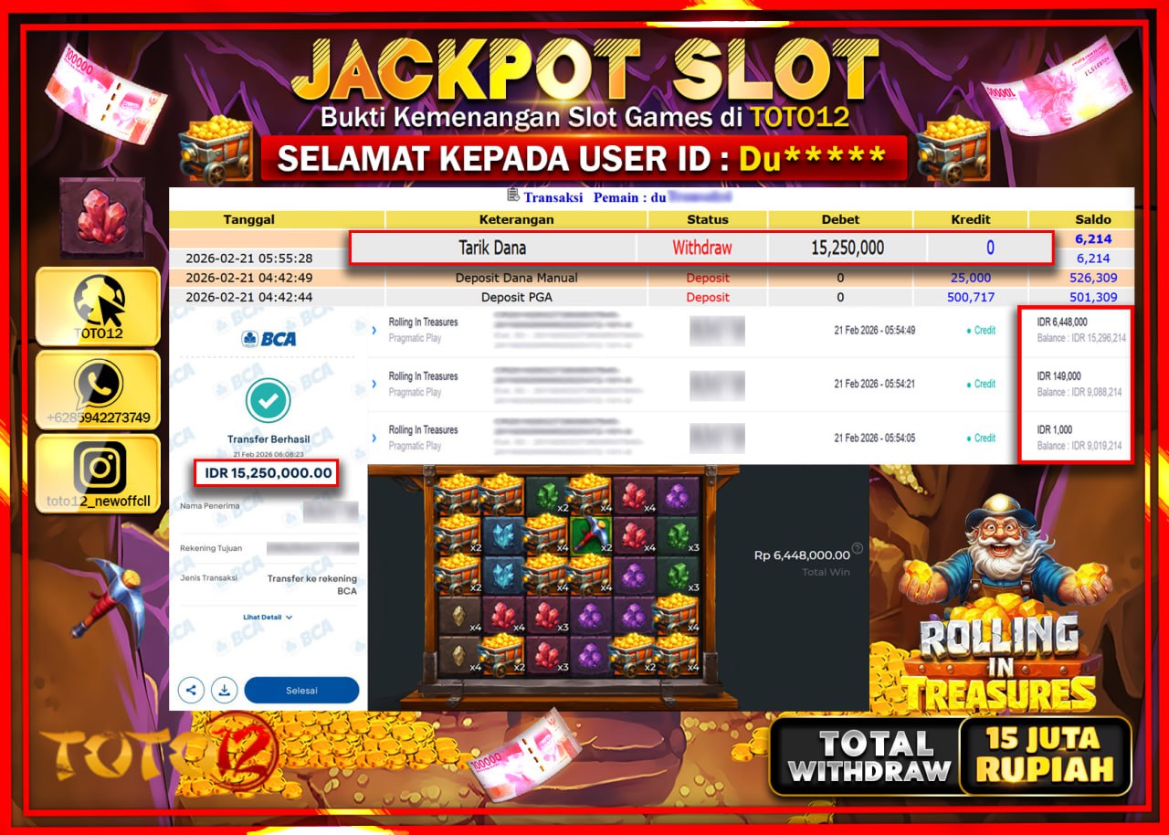 HANYA DI TOTO12 JP PASTI DI BAYAR LUNAS DAN CEPAT!!!!!! JACKPOT SLOT GAME (ROLLING IN TREASURES) Rp.15.250.000!!!!